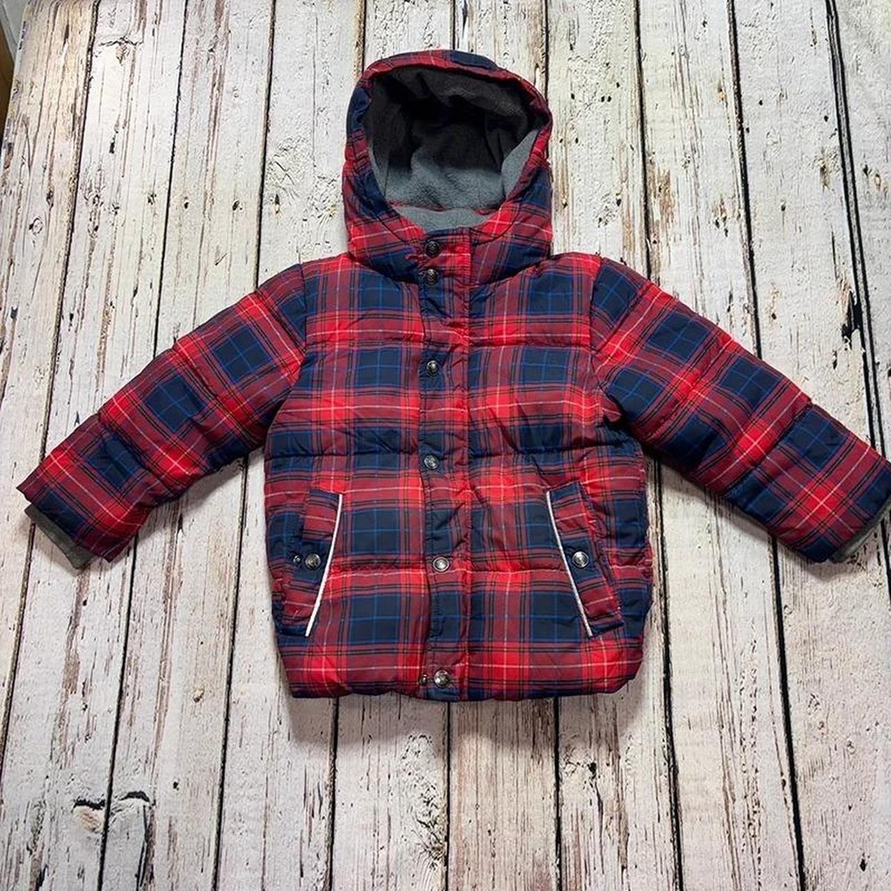 Mini Boden Boys Plaid Puffer Jacket with Hood 4-5